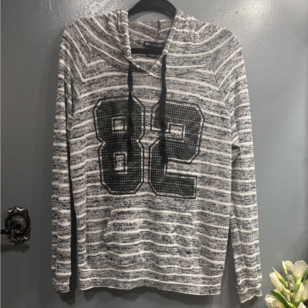 Miss Chievous Black & White Striped Hooded Pullover with Studded '82 Coverup